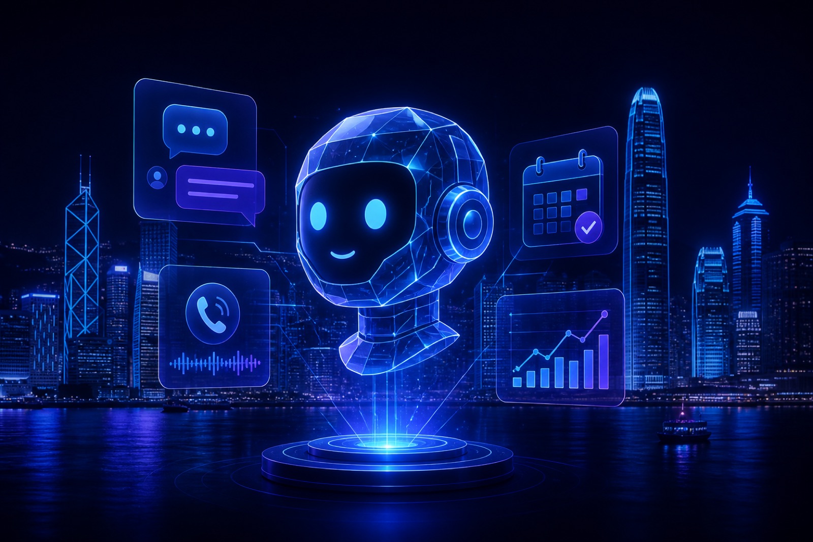 Illustration of an AI agent hologram surrounded by chat, call, calendar and analytics panels over the Hong Kong skyline