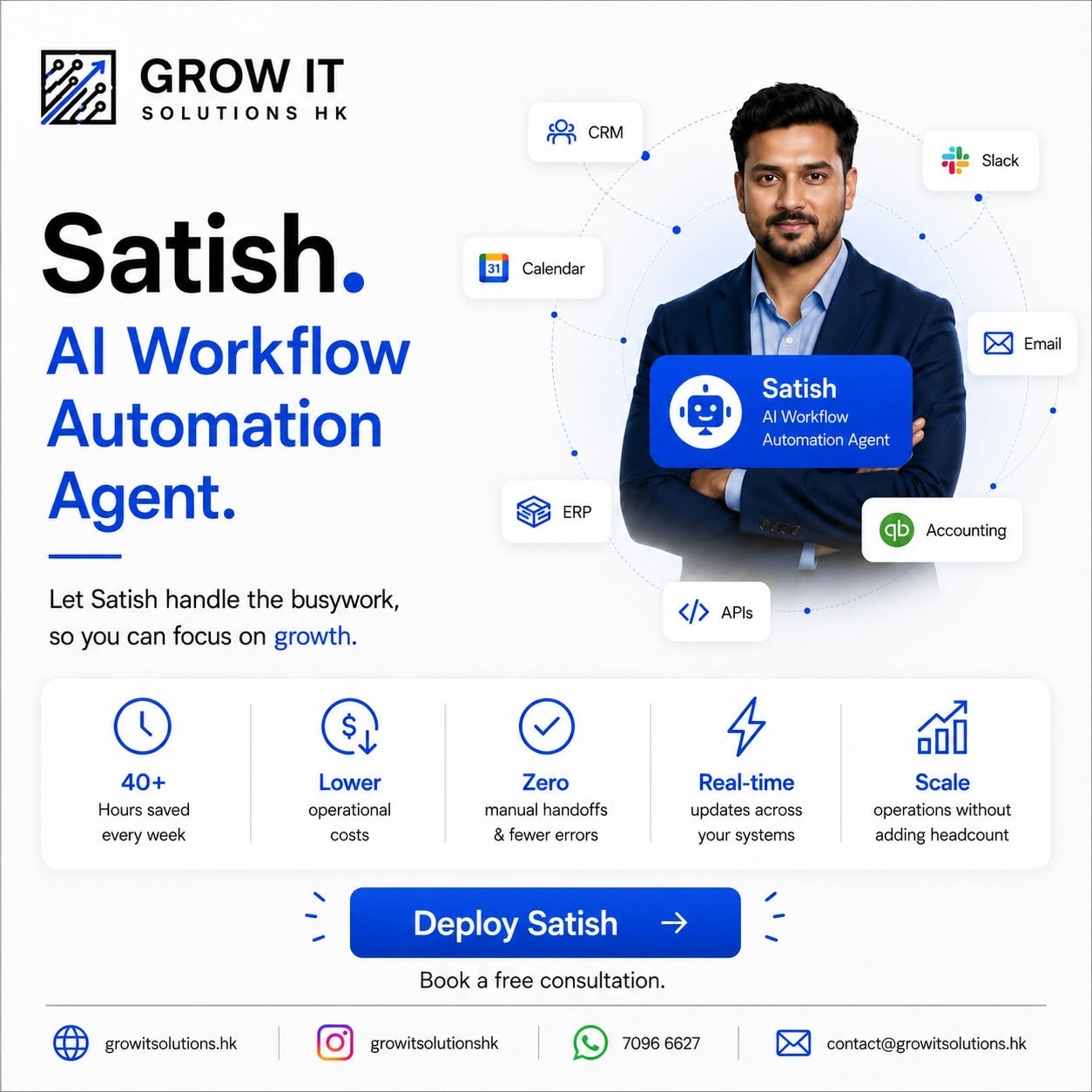 Meet Satish — AI Workflow Automation Agent by Grow IT Solutions connecting CRM, Slack, Calendar, Email, ERP and APIs
